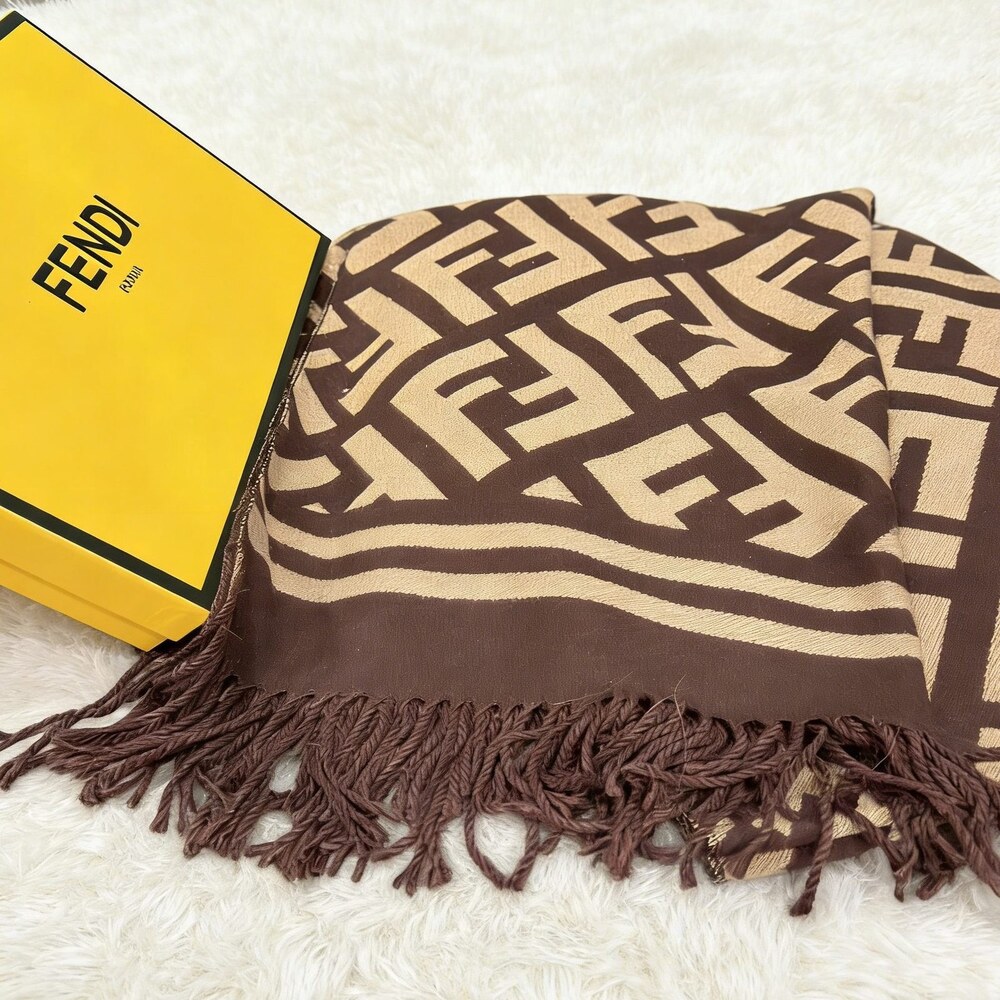 Fendi Brown Beige FF Double Stripe Scarf